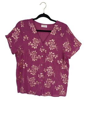 Floral Button-Down Top In Magenta With Gold Accents Short Sleeves Size M